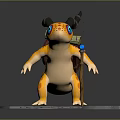 Fantasy Yellow Animal with Blue Eyes Horns and Saddle Bag Standing on Stone Ground