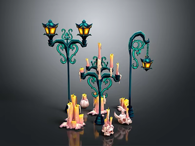 Vintage Decorative Street Lamps With Lit Lanterns And Melted Candles On Holders 3d model