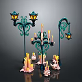 Vintage Decorative Street Lamps With Lit Lanterns And Melted Candles On Holders