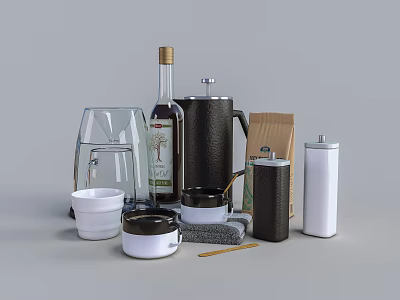 Essential Kitchen Utensils Collection With Mug Kettle Bottle Jar Bowl And Sponge 3d model
