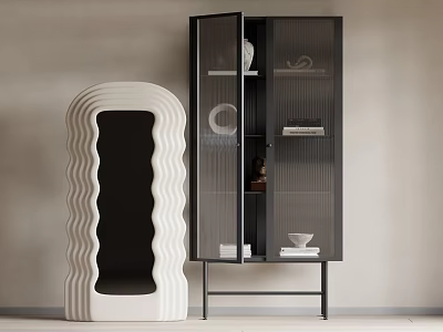 Modern Display Shelving Units With White Wavy Open Shelf And Black Glass Door Cabinet Featuring Decorative Items 3d model
