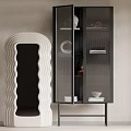 Modern Display Shelving Units With White Wavy Open Shelf And Black Glass Door Cabinet Featuring Decorative Items