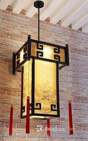Chinese Style Pendant Light with Black Lattice Frame Beige Lampshade and Red Tassels 3d model 