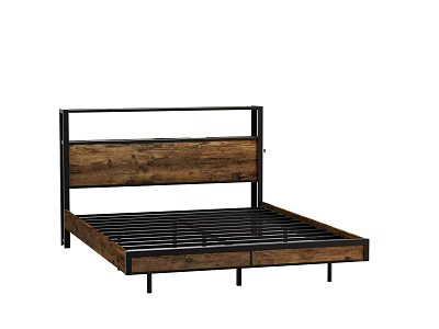 Double Bed With Wooden Headboard And Black Metal Frame Slat Support Design 3d model