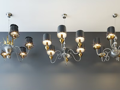 Modern Black And Gold Chandeliers With Shades And Metal Frames 3d model