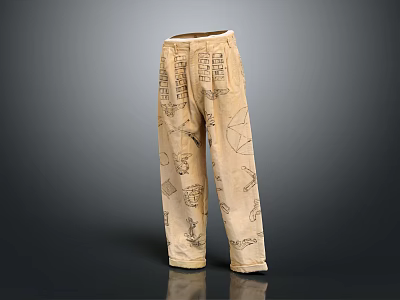 Beige Casual Pants With Artistic Hand Drawn Patterns And Loose Fit Design 3d model