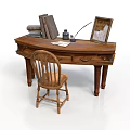 Vintage Wooden Writing Desk With Books Ink Bottle Quill Pen Photo Frame And Wooden Chair