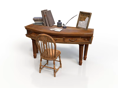 Vintage Wooden Writing Desk With Books Ink Bottle Quill Pen Photo Frame And Wooden Chair 3d model