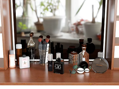 Stylish Perfume and Cosmetics Bottles Neatly Arranged on Wooden Vanity Table with Mirror and Plants 3d model