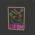 Vibrant Neon Sign Featuring Ramen Bowl Chopsticks Stars And Open Text