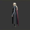 Woman With White Long Hair In Dark Fitted Dress Standing Against Gray Background
