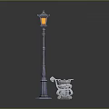 Outdoor Public Equipment Including Street Lamp Wooden Bench And Metal Trash Can