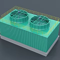 Industrial Equipment Green Cooling Tower With Dual Circular Tops Yellow Railings And Pipes