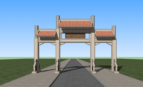 New Chinese style memorial arch at the entrance of the village 3d model