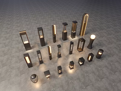 Various Styles of Illuminated Outdoor Lights Displayed on Gray Floor Surface 3d model