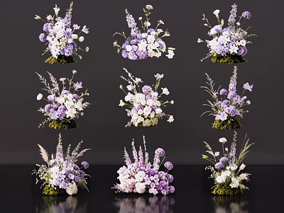 Elegant Purple And White Floral Art Display With Various Designs And Greenery 3d model