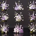 Elegant Purple And White Floral Art Display With Various Designs And Greenery