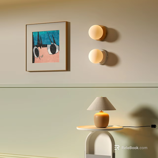 Modern Two Wall Sconces with Framed Artwork on Light Colored Wall 3d model