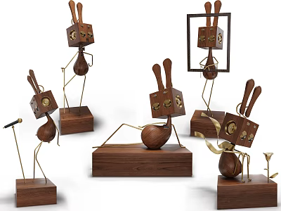 Artistic Wooden Decorative Ornament Set With Rabbit Ear Figurines And Metal Stands 3d model