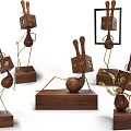 Artistic Wooden Decorative Ornament Set With Rabbit Ear Figurines And Metal Stands