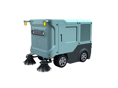 Industrial Sweeper Robot With Brushes Wheels And Yellow Lights On Gray Body 3d model