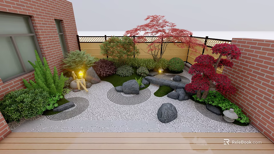 Garden Landscape With Red Brick Building Wooden Fence Red Maple Green Shrubs Stones And Lantern 3d model 