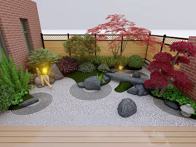 Garden Landscape With Red Brick Building Wooden Fence Red Maple Green Shrubs Stones And Lantern 3d model
