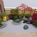 Garden Landscape With Red Brick Building Wooden Fence Red Maple Green Shrubs Stones And Lantern