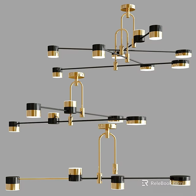 Modern Contemporary Chandelier With Golden Metal Arms Black Accents And Multiple Light Heads 3d model 