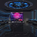 Modern Bar Interior With Neon Lights Red Sign Blue Lighting Circular Ceiling And Black Sofas 3d model