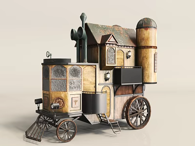 Vintage Functional Vehicle Featuring House Carriage Design Wheels Chimney Windows And Wooden Metal Materials 3d model
