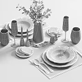 Elegant Table Setting With Dinnerware Glasses Silverware Greenery Bread Salt Pepper Shakers And Candles 3d model