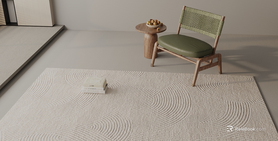 Beige Square Rug With Wavy Texture In Interior Featuring Green Chair And Small Round Table 3d model 