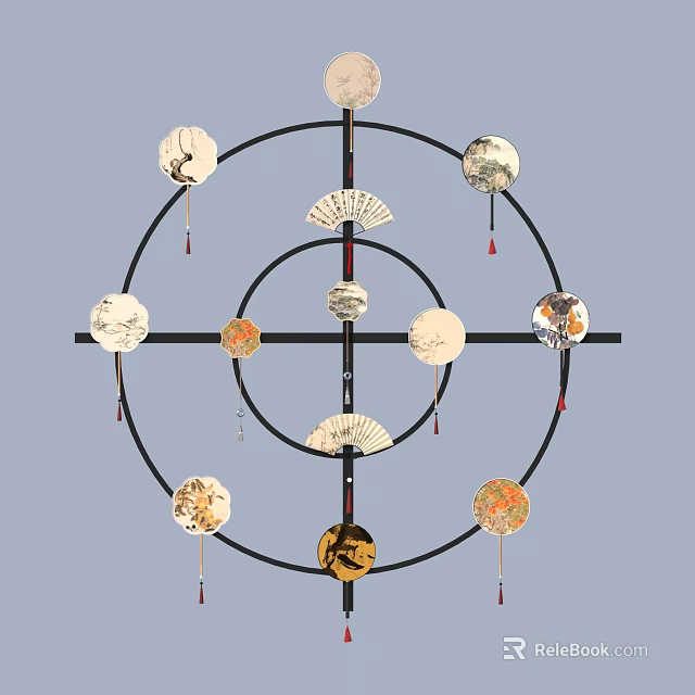 Decorative Ornament Set With Circular Frame Fans Decorative Pieces And Tassels 3d model 