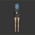 3D Character With Blue Hair Green Wreath And Black Dress Standing Against Grey Background
