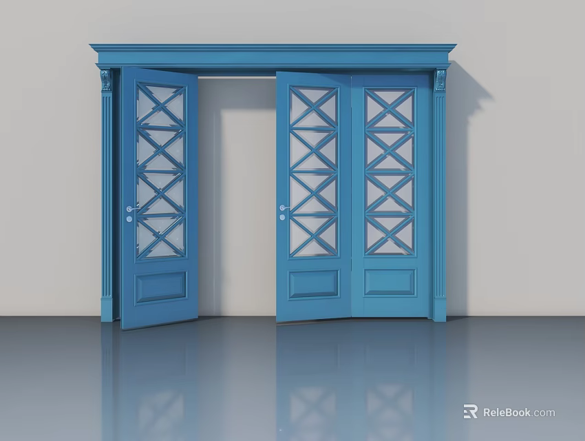 Blue Hinged Doors With Diamond Pattern Glass Panels And Decorative Frame 3d model 