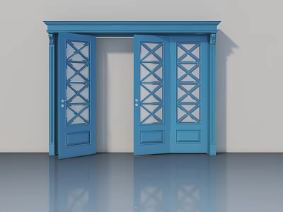 Blue Hinged Doors With Diamond Pattern Glass Panels And Decorative Frame 3d model