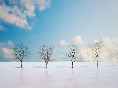 Bare Trees Standing in Snowy Landscape Under Blue Sky With White Clouds 3d model