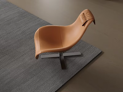 Modern Brown Leather Lounge Chair With Curved Backrest On Gray Woven Rug And Wooden Floor 3d model