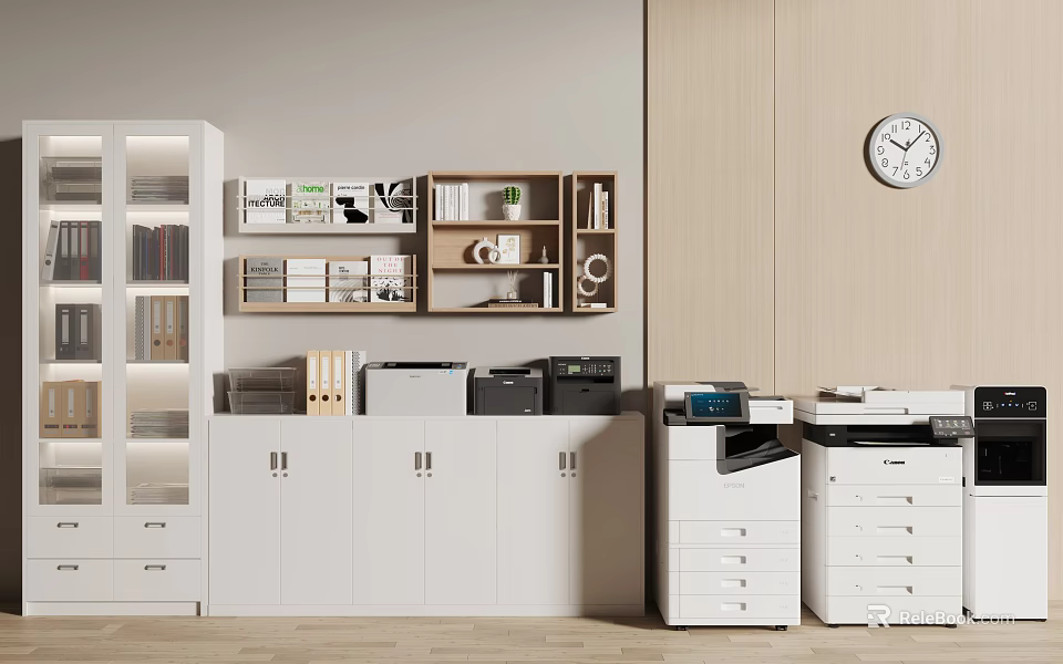 Modern Office Space With Essential Office Appliances Including Printer Copier And Filing Cabinets 3d model 