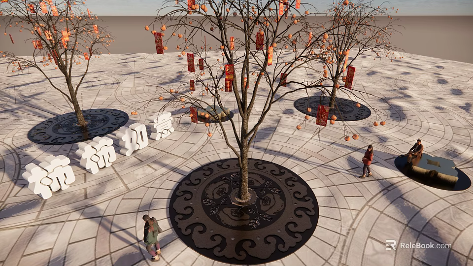 Tranquil Square Landscape With Trees Adorned Red Lanterns Circular Tree Pits And Stone Paving 3d model