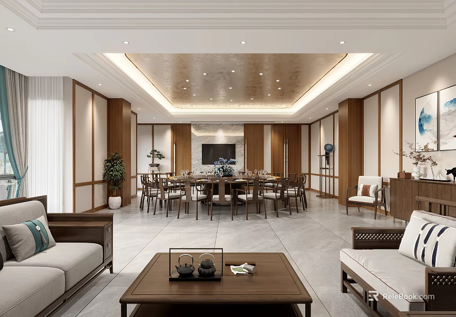 Chinese Style Private Room Interior With Round Table And Decor 3d model 