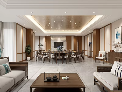 Chinese Style Private Room Interior With Round Table And Decor 3d model