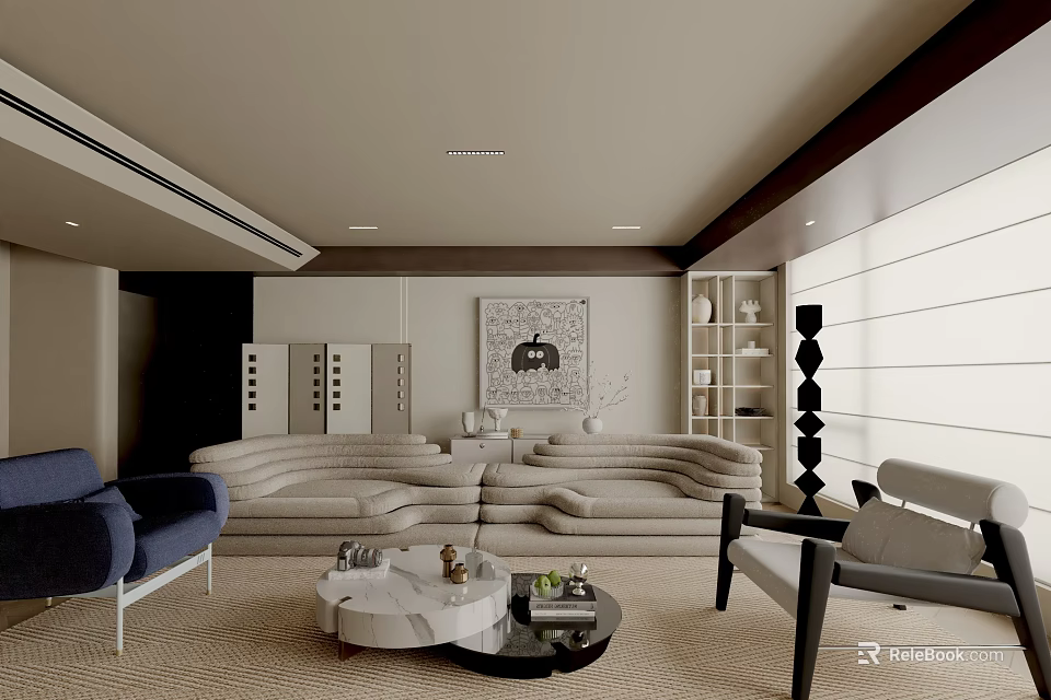Elegant Modern Living Room Interior With Beige Sofa Blue Armchair Coffee Table And Decorative Painting 3d model 
