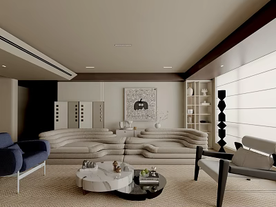 Elegant Modern Living Room Interior With Beige Sofa Blue Armchair Coffee Table And Decorative Painting 3d model