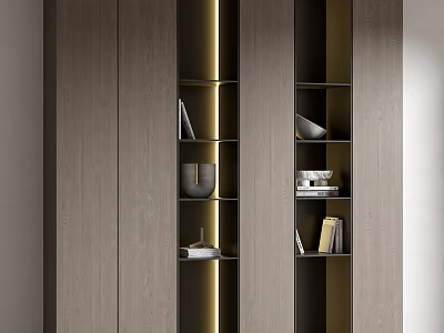 Modern Wooden Bookcase Interior With LED Strip Lighting Layered Shelves Books And Decorative Bowls 3d model