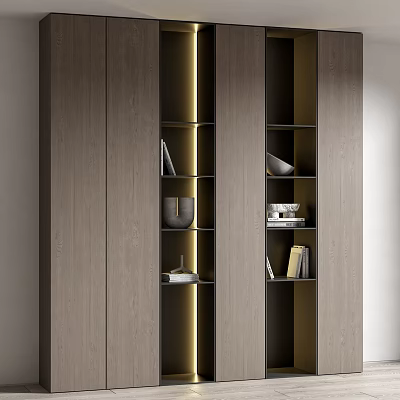 Modern Wooden Bookcase Interior With LED Strip Lighting Layered Shelves Books And Decorative Bowls 3d model
