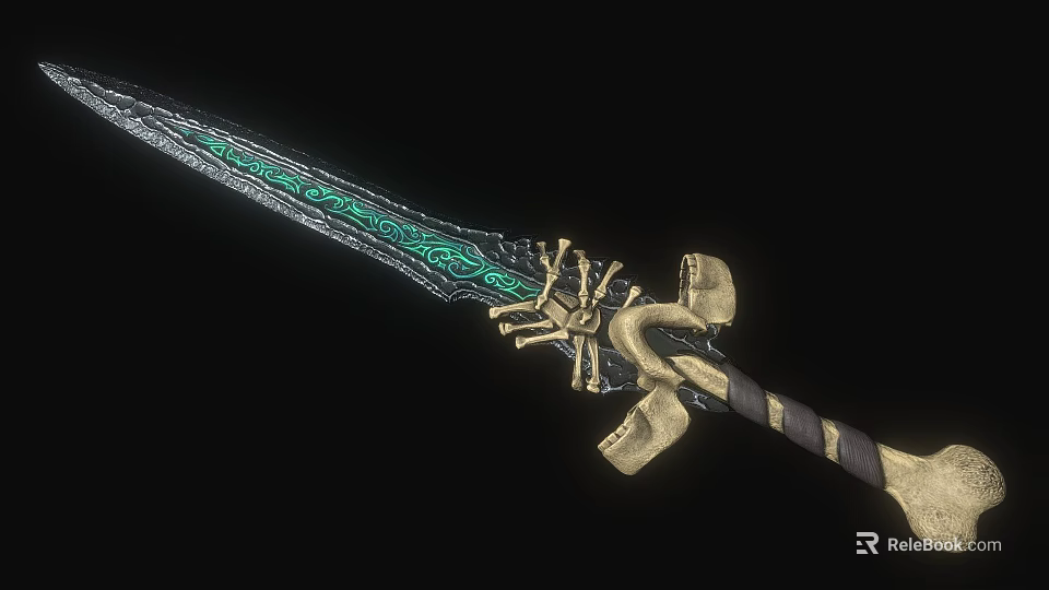 Intricate Decorative Sword with Green Blade Patterns and Golden Skeleton Hilt Design 3d model 