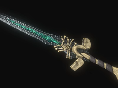 Intricate Decorative Sword with Green Blade Patterns and Golden Skeleton Hilt Design 3d model
