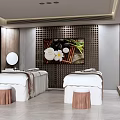SPA Interior With Two Massage Beds White Linens Wooden Walls And Decorative Painting
